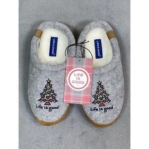 NWT Life Is Good Women's Small 5/6 Christmas Tree Slippers Slip On Gray/ Brown